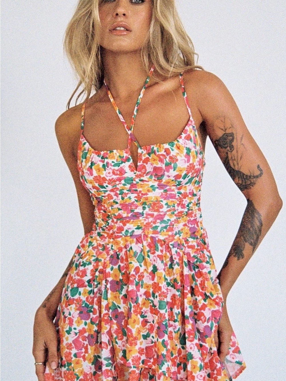 Floral Halter Sundress in Multicolor Pink & Green